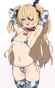 1girl animal_collar animal_print armpits arms_up belt_collar bikini blonde_hair blush breasts collar cow_print cowbell dorontabi eyepatch female_focus fischl_(genshin_impact) genshin_impact heavy_breathing highres lactation long_hair looking_at_viewer micro_bikini midriff navel neck_bell ribs simple_background small_breasts smile solo standing steam sweat swimsuit tears trembling twintails upper_body