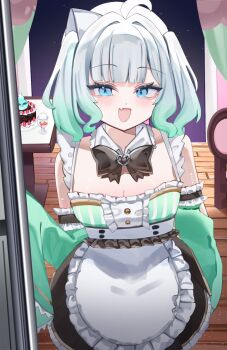 1girl apron blue_eyes bow bowtie breasts cake cleavage curtains densetsu.exe fang food forever_moru ghost_girl green_hair green_sleeves ice_cream maid maid_apron maid_headdress mint_fantome multicolored_hair open_mouth skin_fang triangular_headpiece virtual_youtuber white_hair window