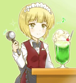 1girl apron black_apron black_bow blonde_hair bow cutlass_(girls_und_panzer) dessert feet_out_of_frame food girls_und_panzer green_background highres holding holding_spoon kuromori_yako maid_headdress shirt short_hair smile solo spoon standing table white_shirt yellow_eyes