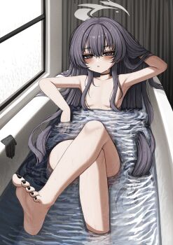 Rule 34 | 1girl, absurdres, alternate hairstyle, barefoot, bathing, bathtub, black eyes, black hair, black nails, blue archive, blush, breasts, commentary, commission, completely nude, convenient hair, crossed legs, feet, grey halo, hair down, halo, highres, indoors, kisaki (blue archive), lobsteranian, long hair, looking at viewer, nail polish, nipples, nude, parted lips, partially submerged, small breasts, solo, toenail polish, toenails, toes