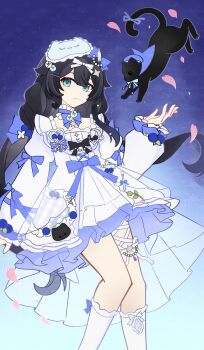 1girl absurdres aqua_eyes beiwo_nuanhonghong black_cat black_hair blue_eyes bow braid cat chinese_commentary commentary_request dress genius_invokation_tcg_(style) highres long_hair long_sleeves looking_at_viewer mole mole_under_eye original petals socks solo twin_braids watermark white_dress
