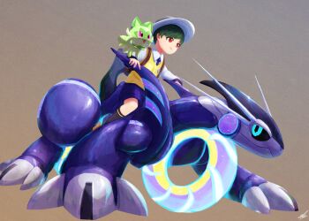 aqua_eyes black_sclera black_socks brown_shoes closed_mouth collared_shirt colored_sclera commentary_request ewokakukaede green_hair grey_background grey_hat hat highres long_sleeves miraidon necktie nintendo non-humanoid_robot open_mouth pink_eyes pixel_eyes pokemon pokemon_(creature) pokemon_sv purple_necktie purple_shorts red_eyes robot school_uniform shirt shoes short_hair shorts signature simple_background smile socks sprigatito uva_academy_school_uniform very_short_hair vest white_shirt yellow_vest