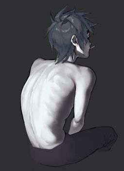 1boy black_pants cigarette cropped_legs from_behind full_body goleum7 gorillaz grey_background hair_behind_ear hashtag-only_commentary highres invisible_chair male_focus pants short_hair simple_background sitting solo stuart_pot topless_male