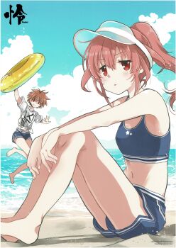 Rule 34 | 2girls, absurdres, atago hiroe, barefoot, beach, bikini, bikini shorts, blue bikini, blue shorts, blush, breasts, brown hair, clothes writing, cloud, cloudy sky, eguchi sera, flat chest, high ponytail, highres, holding, holding swim ring, innertube, jumping, long hair, looking at viewer, mekimeki, multiple girls, non-web source, ocean, official art, on ground, open mouth, outdoors, ponytail, red eyes, red hair, reverse trap, saki (manga), sand, shirt, shore, short hair, shorts, sky, small breasts, smile, spiked hair, star (symbol), swim ring, swimsuit, toki (manga), triangle mouth, visor cap, water, white shirt