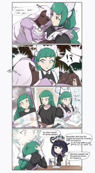 apron blunt_bangs bow bowtie braid braided_ponytail carrying coat commentary cup dark-skinned_female dark_skin english_commentary english_text green_hair gwynn_(pokemon) hat highres jacinthe_(pokemon) juliet_sleeves lebanne_(pokemon) long_braid long_hair long_sleeves maid_apron maid_headdress multiple_girls nintendo pokemon pokemon_legends:_z-a princess_carry puffy_sleeves purple_eyes purple_hair short_hair teacup tencryingemojis very_dark_skin white_bow white_bowtie white_coat yuri