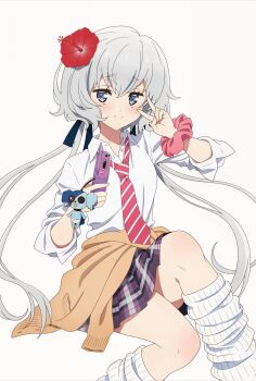 1girl absurdres bad_link blue_eyes blush hair_between_eyes hair_ornament hair_ribbon highres konno_junko long_hair looking_at_viewer magazine_scan megami_magazine official_art ribbon scan school_uniform short_hair simple_background skirt smile solo twintails white_background white_hair zombie_land_saga