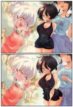 2koma 3girls :3 :d anya_(grs-) band_shirt bare_shoulders black_hair black_shirt black_shorts blanc_(grs-) blue_shirt blush breasts brown_eyes brown_hair choker clothes_writing collarbone comic commentary controller covering_own_mouth curvy dress english_commentary english_text faceless faceless_female floral_print grs- hair_ornament hairclip hand_over_own_mouth height_difference highres holding holding_remote_control large_breasts looking_at_viewer merchandise mother_and_daughter multiple_girls necktie open_mouth original pink_eyes polka_dot polka_dot_skirt purple_dress raised_eyebrows red_necktie remote_control remote_control_vibrator sex_toy shirt short_hair short_shorts shorts skirt slayer_(band) sleeveless sleeveless_shirt smile smirk smug standing sweater sweater_vest teeth thighs tree trembling upper_teeth_only v vibrator vibrator_under_clothes white_hair yuri
