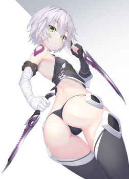 1girl absurdres ass bandaged_arm bandages bare_shoulders black_gloves black_panties black_thighhighs black_vest breasts commentary_request cropped_vest dual_wielding facial_scar fate/grand_order fate_(series) fingerless_gloves gloves green_eyes hair_between_eyes highres holding jack_the_ripper_(fate/apocrypha) knife looking_at_viewer looking_back panties scar scar_across_eye scar_on_cheek scar_on_face short_hair shoulder_tattoo single_glove small_breasts solo tattoo thighhighs thighs underwear vest white_hair yamachi_(xadp7533)