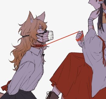 2girls animal_collar animal_ear_fluff animal_ears arms_behind_back ascot blonde_hair boots bound bound_wrists bow brown_boots brown_hair chinese_commentary closed_mouth collar collared_shirt commentary_request detached_sleeves dog_ears dog_girl frilled_hair_tubes frills hair_tubes hakurei_reimu hitte5416 holding holding_leash kemonomimi_mode kirisame_marisa lace-up_boots leash long_hair looking_at_another multiple_girls muzzle_(mask) red_bow red_collar red_eyes red_skirt shirt simple_background skirt skirt_set sweatdrop touhou white_background white_shirt yellow_ascot yuri