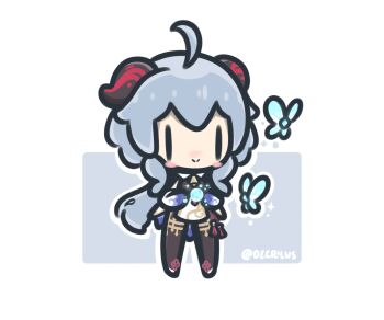 1girl ahoge black_horns black_pantyhose blue_background blue_butterfly blue_hair blush_stickers border bug butterfly chibi chibi_only closed_mouth commentary decrilus full_body ganyu_(genshin_impact) genshin_impact horns insect long_hair outline outside_border pantyhose smile solo standing twitter_username virtual_youtuber white_border white_outline