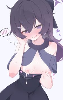 1girl black_dress blue_archive breasts dress grey_background halo haruka_(blue_archive) haruka_(dress)_(blue_archive) heart highres hone_kawa lactation loli looking_at_viewer official_alternate_costume purple_eyes purple_halo simple_background small_breasts solo spoken_blush sweat