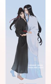 Rule 34 | 2boys, barefoot, black hair, blue background, chinese clothes, closed eyes, closed mouth, commentary, couple, dreamer ameba, english commentary, full body, grey eyes, hair ribbon, hanfu, headband, highres, holding another's arm, hug, lan wangji, long hair, long sleeves, looking at another, low-tied long hair, male focus, modao zushi, multiple boys, ponytail, red ribbon, red sash, ribbon, robe, sash, sidelocks, simple background, smile, standing, symbol-only commentary, twitter username, very long hair, wei wuxian, white headband, wide sleeves, yaoi