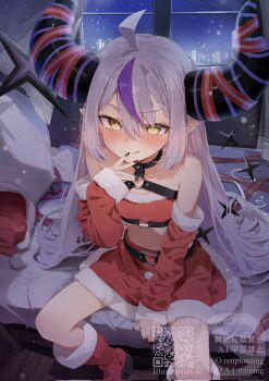 1girl :q belt black_belt black_nails blush christmas commentary_request detached_sleeves fur-trimmed_skirt fur_trim grey_hair hat highres hololive horns la+_darknesss long_hair looking_at_viewer motoi_(croa76) multicolored_hair purple_hair qr_code red_skirt santa_hat skirt solo streaked_hair striped_horns tongue tongue_out unworn_hat unworn_headwear v watermark yellow_eyes