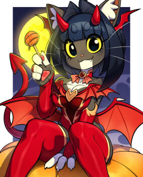 1girl :3 absurdres animal_ears animal_hands black_eyes black_fur black_hair bob_cut border breasts candy cat_ears cat_girl claws cleavage colored_sclera commentary demon_horns demon_tail demon_wings english_commentary fang food full_moon furry furry_female hair_intakes halloween halloween_costume head_wings highres holding holding_candy holding_food holding_lollipop horns large_breasts leotard lilia_(xuao2000) lollipop looking_at_viewer low_wings moon night original outdoors pawpads pumpkin red_leotard red_thighhighs short_hair sitting sky smile solo tail thick_eyelashes thighhighs whiskers white_border wings xuao2000 yellow_sclera