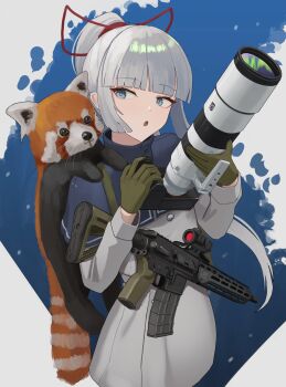 1girl :o abstract_background absurdres animal animal_on_shoulder assault_rifle aurora blue_background blue_eyes blue_shrug blunt_bangs blunt_sidelocks camera coat_dress commentary detached_lens dress english_commentary eyelashes flat_chest gloves green_gloves grey_dress grey_hair gun hair_ribbon highres holding holding_camera holding_gun holding_weapon klottinen lens long_hair long_sleeves looking_at_animal looking_to_the_side open_mouth original ponytail raised_eyebrows red_panda red_ribbon reflection ribbon rifle sharp_chin shrug_(clothing) sidelocks single-lens_reflex_camera solo upper_body weapon weapon_request white_background zoom_lens