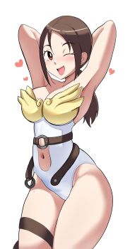 Rule 34 | angewomon, angewomon (cosplay), arms behind head, asymmetrical clothes, brown hair, clothing cutout, cosplay, digimon, digimon adventure, highres, light blush, mature female, navel, navel cutout, one eye closed, open mouth, pabsmikan, ponytail, short ponytail, simple background, thigh strap, thighs, tongue, white background, wink, yagami yuuko