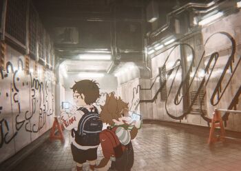 2boys animal_ears backpack bag black_eyes black_shorts brown_hair dog_boy dog_ears from_side furry furry_male glasses graffiti holding holding_phone indoors multiple_boys nishiko original overalls phone shirt shorts standing subway taking_picture two-tone_fur white_fur white_shirt