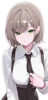 1girl absurdres black_necktie black_skirt breasts brown_hair closed_mouth collared_shirt commentary expressionless green_eyes hair_ornament hairclip high-waist_skirt highres long_sleeves looking_at_viewer medium_breasts necktie sei_(0724sei6) shirt short_hair simple_background skirt solo suspender_skirt suspenders upper_body viichan virtual_youtuber waktaverse white_background white_shirt