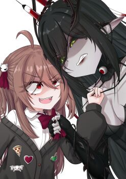 absurdres ahoge anger_vein angry black_cardigan black_dress black_hair black_sclera bow bowtie cardigan colored_sclera dress evil_neuro-sama fingerless_gloves gloves green_eyes hair_ornament highres indie_virtual_youtuber layna_lazar long_hair monotoxy neuro-sama open_mouth pale_skin pulling_another&#039;s_clothes red_bow red_bowtie red_eyes ritspi shirt skull_hair_ornament standing vedal_ai white_background white_shirt