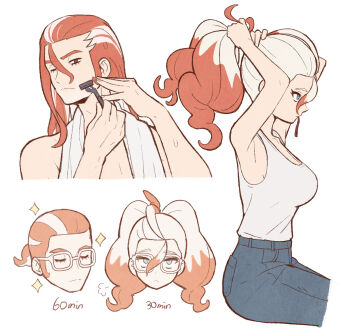 1boy 1girl absurdres blue_eyes denim glasses grey_hair griselle_(pokemon) grisham_(pokemon) hair_tie_in_mouth highres holding holding_razor jeans mouth_hold multicolored_hair nintendo pants pokemon pokemon_legends:_z-a profile razor red_eyes red_hair sach56000 shaving tank_top towel towel_around_neck two-tone_hair tying_hair white_tank_top