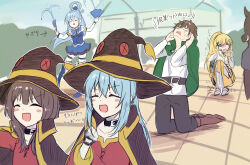 1boy 1other 4girls :&gt; ^_^ absurdres aqua_(konosuba) armor armored_boots belt belt_collar black_belt black_gloves black_pants blonde_hair blue_eyes blue_footwear blue_hair blue_shirt blue_skirt blush_stickers boots brown_cape brown_footwear brown_hair brown_hat cape capelet chocoeiru closed_eyes collar collarbone commentary_request cosplay crossover darkness_(konosuba) doodles dress drooling empty_eyes fingerless_gloves gloves green_capelet hair_between_eyes hair_rings hand_fan hand_on_own_cheek hand_on_own_face hand_up hat highres holding holding_fan kneeling kono_subarashii_sekai_ni_shukufuku_wo! long_hair matching_outfits medium_hair megumin megumin_(cosplay) monster multiple_girls open_mouth outdoors pants red_dress rimuru_tempest satou_kazuma shirt short_hair single_hair_ring skirt skirt_set squatting standing sweatdrop tensei_shitara_slime_datta_ken thigh_boots translation_request white_armor white_shirt witch_hat yellow_skirt yellow_trim