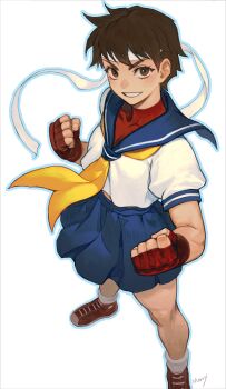 1girl bare_legs blue_outline blue_sailor_collar blue_skirt brown_hair clenched_hands commentary cropped_shirt fingerless_gloves from_above gloves headband highres kasugano_sakura looking_at_viewer miniskirt morry neckerchief outline pleated_skirt red_gloves red_shoes sailor_collar school_uniform serafuku shirt shoes short_hair skirt smile sneakers solo street_fighter v-shaped_eyebrows white_headband white_shirt yellow_neckerchief