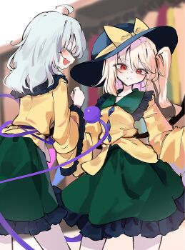 2girls :d ahoge black_hat blonde_hair bow buttons calpis118 closed_mouth collared_shirt commentary_request cosplay diamond_button flandre_scarlet frilled_shirt_collar frilled_skirt frilled_sleeves frills green_hair green_skirt hair_bow hat hat_bow hat_ribbon highres komeiji_koishi komeiji_koishi_(cosplay) long_hair long_sleeves matching_outfits multiple_girls one_side_up open_mouth red_eyes ribbon shirt skirt smile third_eye touhou wide_sleeves wings yellow_bow yellow_ribbon yellow_shirt