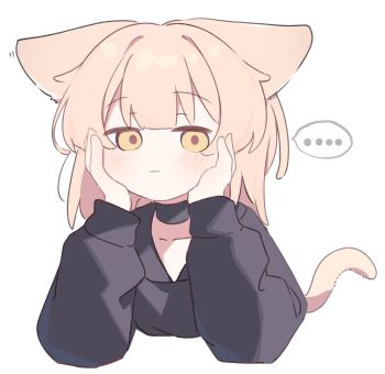 ... 1girl absurdres animal_ears black_choker black_hoodie blush brown_eyes brown_hair choker closed_mouth collarbone commentary_request cropped_torso hands_on_own_face hands_up highres hood hood_down hoodie long_sleeves looking_at_viewer motion_lines original puffy_long_sleeves puffy_sleeves riya_(01214) simple_background solo spoken_ellipsis tail upper_body white_background