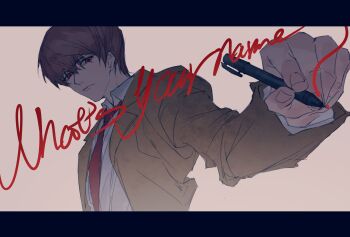 1boy absurdres black_border border brown_hair brown_jacket closed_mouth collared_shirt death_note english_text grey_background hair_between_eyes highres holding holding_pen jacket male_focus necktie omegaantiworld pen red_eyes red_necktie shirt short_hair suit_jacket upper_body white_shirt writing yagami_light