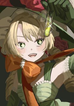 +_+ 1girl :d arm_up armpits bare_shoulders blonde_hair bow chin_strap dress drill_hair elbow_gloves flower glint gloves green_dress green_eyes green_gloves green_hat hand_up hat hat_flower highres holding holding_test_tube low_twintails open_mouth orange_bow potion raysse red_flower reverse:1999 sleeveless sleeveless_dress smile solo sotheby teeth test_tube twin_drills twintails upper_body