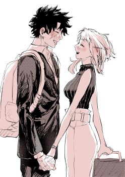 1boy 1girl backpack bag bare_shoulders black_jacket black_pants blush boku_no_hero_academia breasts closed_eyes collared_shirt couple facial_scar hetero high-waist_pants highres holding holding_hands holding_suitcase jacket male_focus medium_breasts midoriya_izuku monochrome nabeoishi_705 open_mouth pants parted_lips rolling_suitcase scar scar_on_cheek scar_on_face scar_on_hand shirt short_bangs short_hair sidelocks sleeveless sleeveless_turtleneck smile suitcase teeth turtleneck twintails uraraka_ochako white_background