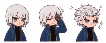 1boy :< :| black_gloves black_shirt blue_coat closed_eyes closed_mouth clothing_cutout coat collared_coat cropped_torso devil_may_cry_(series) dot_nose fingerless_gloves glove_cutout gloves hair_down hair_slicked_back hand_on_own_face iluvmyhamster69 long_sleeves male_focus multiple_views open_clothes open_coat sequential shirt solo sparkle sparkling_aura v-shaped_eyebrows vergil_(devil_may_cry) wet wet_hair yellow_trim