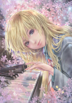 Rule 34 | 1girl, blonde hair, cherry blossoms, commentary request, diagonal-striped clothes, diagonal-striped necktie, from side, grey eyes, grey jacket, head tilt, highres, instrument, jacket, lips, long hair, long sleeves, looking at viewer, mamoru (mamoru jinja), miyazono kawori, necktie, parted lips, piano, reflection, shigatsu wa kimi no uso, smile, solo, striped clothes, turning head