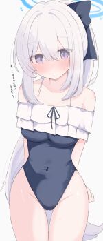 Rule 34 | 1girl, :o, absurdres, arms behind back, blue archive, blue one-piece swimsuit, blush, breasts, cameltoe, casual one-piece swimsuit, commentary, covered navel, cowboy shot, frilled one-piece swimsuit, frills, gluteal fold, grey hair, groin, halo, highres, long hair, looking at viewer, medium breasts, miyako (blue archive), miyako (swimsuit) (blue archive), nui (nuinui0300), official alternate costume, one-piece swimsuit, ponytail, purple eyes, ribbon-trimmed swimsuit, ribbon trim, simple background, solo, sweatdrop, swimsuit, thigh gap, translation request, very long hair, white background