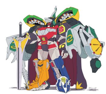 1boy armor cape character_request daizyuzin dino_megazord dragon_caesar exocet_(exocet4) holding holding_weapon horns kyouryuu_sentai_zyuranger mecha mega_dragonzord mighty_morphin_power_rangers no_humans power_rangers redesign robot shoulder_cannon solo standing super_robot super_sentai sword tokusatsu weapon yellow_eyes zyutei_daizyuzin