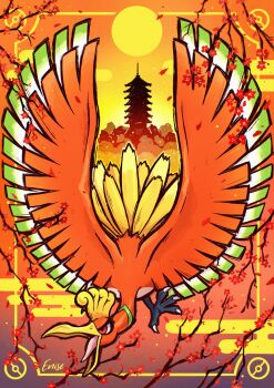 Rule 34 | animal focus, beak, bird, commentary, english commentary, enise, gen 2 pokemon, highres, ho-oh, legendary pokemon, nintendo, no humans, open mouth, pagoda, pokemon, pokemon (creature), pokemon focus, red eyes, sky, solo, sun, talons, tongue, wings