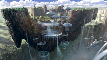 aircraft airplane airship blue_sky building cliff cloud cloudy_sky day fantasy floating_island fountain grass highres landscape mountain no_humans noba original outdoors river scenery science_fiction sky water waterfall windmill