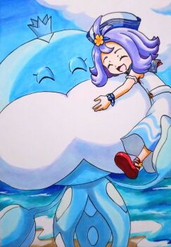 Rule 34 | 1girl, :3, acerola (pokemon), acerola (summer 2024) (pokemon), alternate costume, beach, blue sailor collar, blue sky, closed eyes, cloud, flower, gen 5 pokemon, hair flower, hair ornament, hat, highres, hug, jellicent, jellicent (male), medium hair, nintendo, official alternate costume, open mouth, orange flower, pokemon, pokemon (creature), pokemon masters ex, purple hair, red footwear, sailor collar, sailor hat, sand, sky, smile, speedy (pkh), water, white hat