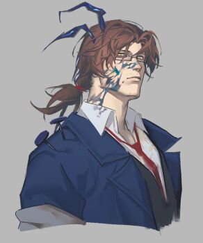 1boy absurdres aedd_(e.g.o) alternate_costume beard_stubble black-framed_eyewear black-framed_glasses black_vest blood blood_on_cheek blood_on_face blood_splatter blue_blood blue_coat blue_horns brown_hair closed_mouth coat collared_shirt cropped_torso dress_shirt e.g.o_(project_moon) expressionless facial_hair formal_clothes glasses gregor_(project_moon) grey_background hair_intakes hair_tie highres horns jing84672940 jitome lapels limbus_company long_hair long_sleeves looking_down looking_to_the_side low_ponytail male_focus manly mature_male nail_(hardware) nails necktie notched_lapels official_alternate_costume open_clothes open_coat parted_bangs photoshop_(medium) ponytail project_moon red_hair_tie red_necktie sanpaku semi-rimless_eyewear shirt simple_background solo stubble suit under-rim_eyewear upper_body vest white_shirt wing_collar yellow_eyes