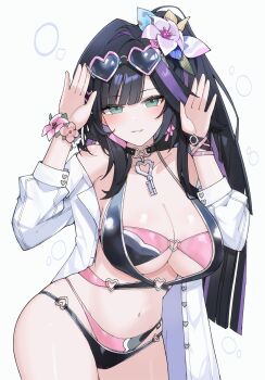 1girl abigail_(black_survival) bare_shoulders bikini black_bikini black_choker black_hair black_survival blunt_bangs blush breasts bubble choker cleavage collarbone commentary_request eternal_return:_black_survival eyewear_on_head flower green_eyes hair_flower hair_ornament hands_up heart heart-shaped_eyewear heart_o-ring highres hururu_(vldptmxk1054) jacket key key_choker korean_commentary large_breasts layered_bikini long_hair long_sleeves looking_at_viewer multicolored_bikini multicolored_hair navel o-ring o-ring_bikini official_alternate_costume open_clothes open_jacket parted_lips pink_bikini purple_hair simple_background smile solo standing stomach streaked_hair sunglasses swimsuit thighs two-tone_bikini very_long_hair white_background white_jacket wrist_flower