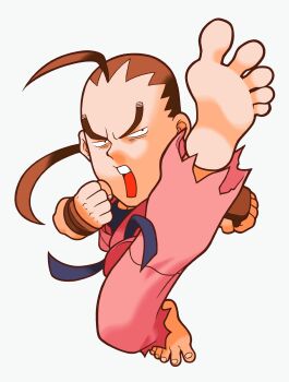 Rule 34 | 1boy, ahoge, barefoot, belt, black belt, brown hair, chibi, clenched hands, dougi, fingerless gloves, flying kick, game cg, gloves, hibiki dan, highres, kicking, looking to the side, maeda shima, male focus, martial arts belt, mma gloves, non-web source, official art, open mouth, pocket fighter, ponytail, simple background, solo, street fighter, teeth, torn clothes, torn sleeves, undershirt, upper teeth only, white background