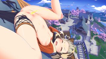 Rule 34 | 1girl, 3d background, absurdres, anus, breasts, cleft of venus, clitoris, closed eyes, fisheye, genshin impact, golden shower, grey hair, hadaparuka, highres, navel, nipples, nude, pee, peeing, peeing self, pussy, sayu (genshin impact), spread legs, uncensored