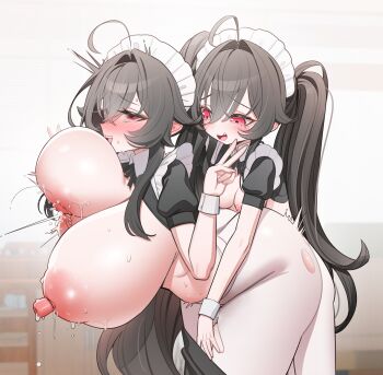2girls absurdres ahoge artist_request bent_over black_hair blush breasts commission from_side futa_with_female futanari grabbing_another's_breast grabbing_from_behind groping hair_between_eyes highres huge_breasts incest lactation long_hair maid maid_headdress mother_and_daughter multiple_girls nipples open_mouth original pantyhose puffy_short_sleeves puffy_sleeves red_eyes second-party_source sex sex_from_behind short_sleeves small_breasts stomach_bulge torn_clothes torn_pantyhose twintails v white_pantyhose