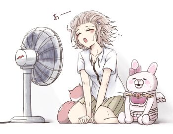 1girl bow breasts brown_hair collared_shirt danganronpa_(series) danganronpa_2:_goodbye_despair ear_bow flipped_hair hair_ornament kmnm_1403 medium_hair nanami_chiaki neck_ribbon no_jacket pink_eyes ribbon shirt skirt usami_(danganronpa) ventilator white_shirt