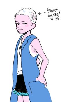 Rule 34 | alternate hair length, alternate hairstyle, arrow (symbol), black skirt, blue jacket, blush, blush stickers, buzz cut, chaie, closed mouth, commentary, english commentary, english text, jacket, jewelry, kyokugen dasshutsu, kyokugen dasshutsu adv: zennin shibou desu, necklace, open clothes, open jacket, phi (kyokugen dasshutsu), shirt, short hair, simple background, skirt, sleeveless, sleeveless jacket, sleeveless shirt, smile, solo, very short hair, white background, white shirt