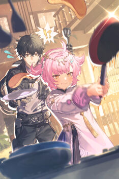 Rule 34 | !?, 1boy, 1girl, :i, absurdres, aemeath (wuthering waves), aemeath (young) (wuthering waves), aged down, black gloves, black hair, black jacket, black pants, blush, commentary request, cooking, dress, flying sweatdrops, food, gloves, grey shirt, hair between eyes, hair ornament, hairband, highres, holding, holding pan, holding plate, indoors, jacket, long sleeves, male rover (wuthering waves), orange eyes, pancake, pants, parted lips, pink hair, plate, pout, rover (wuthering waves), shirt, short hair, star-shaped pupils, star (symbol), symbol-shaped pupils, white dress, white hairband, wuthering waves, zassyoku dd