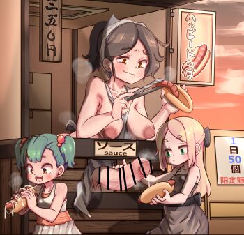 3girls age_difference apron biting_own_lip black_dress black_hair blonde_hair cum cum_on_food dress eating food_stand foreskin futa_with_female futanari green_eyes green_hair highres hot_dog huge_penis lemon_snail loli multiple_girls naked_apron onee-loli original penis ponytail short_twintails tongs twintails white_dress