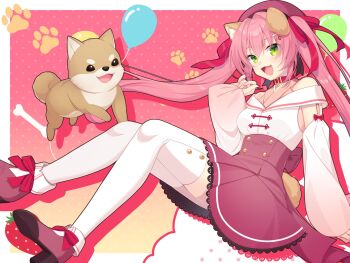 Rule 34 | 1girl, animal ears, balloon, bone hair ornament, bone print, border, bow, collar, commentary request, detached sleeves, dog, dog ears, dog girl, fang, food-themed hair ornament, food print, footwear bow, fruit print, green eyes, hair ornament, hair ribbon, hat, highres, indie virtual youtuber, inuzuka ichigo, long hair, nata ichio, open mouth, outside border, paw print, pink hair, pink hat, pink shoes, pink skirt, red bow, red collar, red ribbon, ribbon, shirt, shoes, skirt, solo, strawberry hair ornament, strawberry print, thighhighs, twintails, virtual youtuber, white border, white shirt, white thighhighs