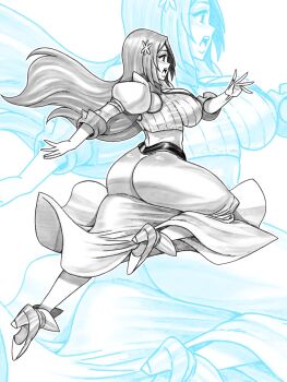 Rule 34 | 01leteo, 1girl, bleach, bleach: sennen kessen-hen, breasts, cleavage, cleavage cutout, clothing cutout, detached sleeves, female focus, full body, hair ornament, hairclip, inoue orihime, large breasts, long hair, long skirt, midriff, official alternate costume, open mouth, puffy sleeves, simple background, skirt, snowflake hair ornament, white background