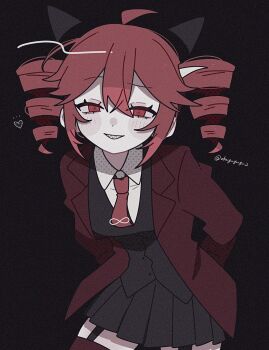 1girl ahoge arms_behind_back black_background black_horns black_skirt black_vest blush_stickers collared_shirt commentary_request cowboy_shot dot_nose double-parted_bangs drill_hair execution_clap garter_straps grin hair_between_eyes heart highres horns jacket kasane_teto long_sleeves looking_at_viewer miniskirt necktie okayu_(okayuyuyu2) open_clothes open_jacket pleated_skirt red_eyes red_hair red_jacket red_necktie red_thighhighs sharp_teeth shirt short_hair sidelocks simple_background skirt smile solo synthesizer_v teeth thighhighs twin_drills utau vest white_shirt